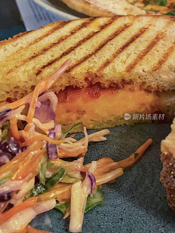 烤火腿奶酪三明治/烤三明治帕尼尼与融化的红色莱斯特和凉拌卷心菜的图像